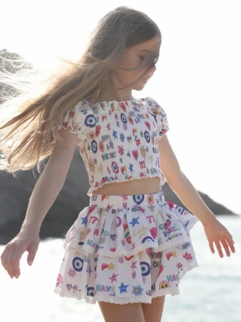 Lola +The Boys White Two-Piece Set with Multicolor Graphic Print